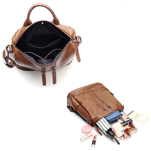 NEW Brown Smooth Leather Crossbody Backpack Purse - Picture 4 of 7